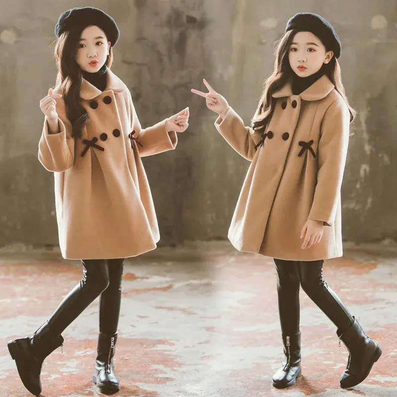 Girls Patchwork Woolen Coat – Thick Warm Winter Trench Jacket