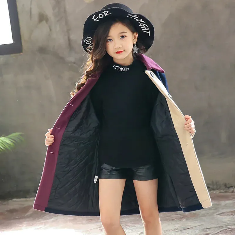 Girls Patchwork Woolen Coat – Thick Warm Winter Trench Jacket
