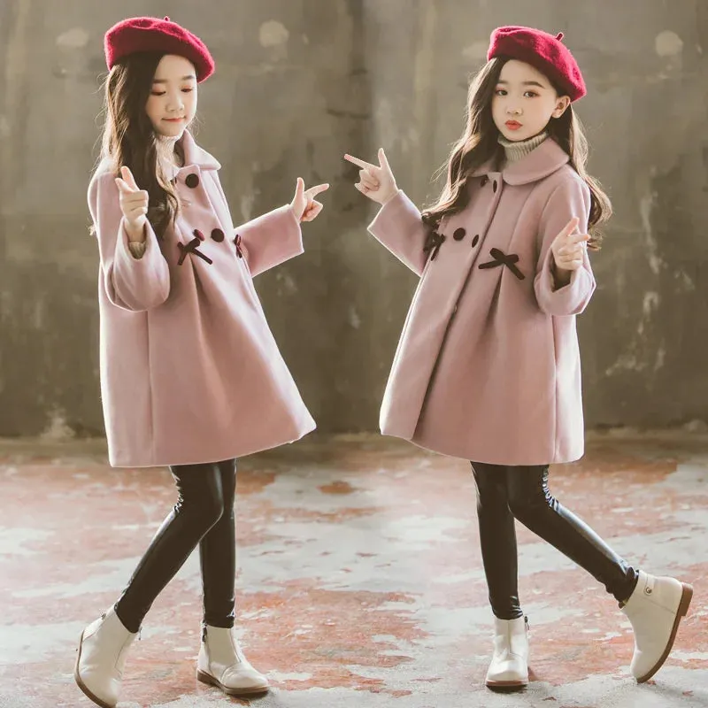 Girls Patchwork Woolen Coat – Thick Warm Winter Trench Jacket