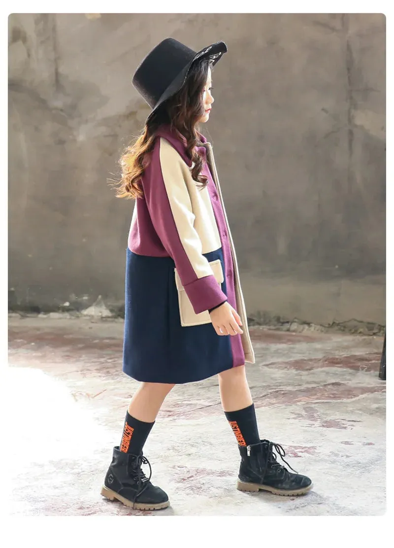 Girls Patchwork Woolen Coat – Thick Warm Winter Trench Jacket