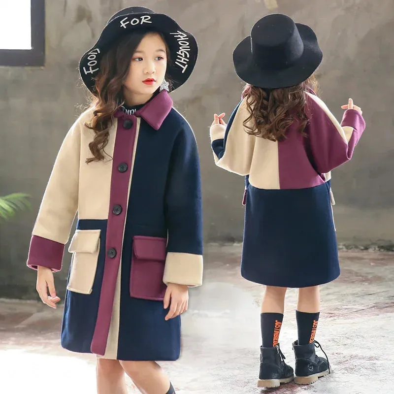 Girls Patchwork Woolen Coat – Thick Warm Winter Trench Jacket