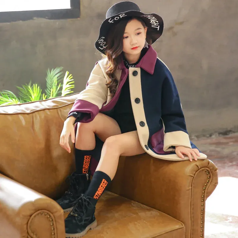 Girls Patchwork Woolen Coat – Thick Warm Winter Trench Jacket