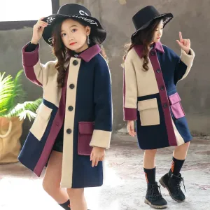 Girls Patchwork Woolen Coat – Thick Warm Winter Trench Jacket