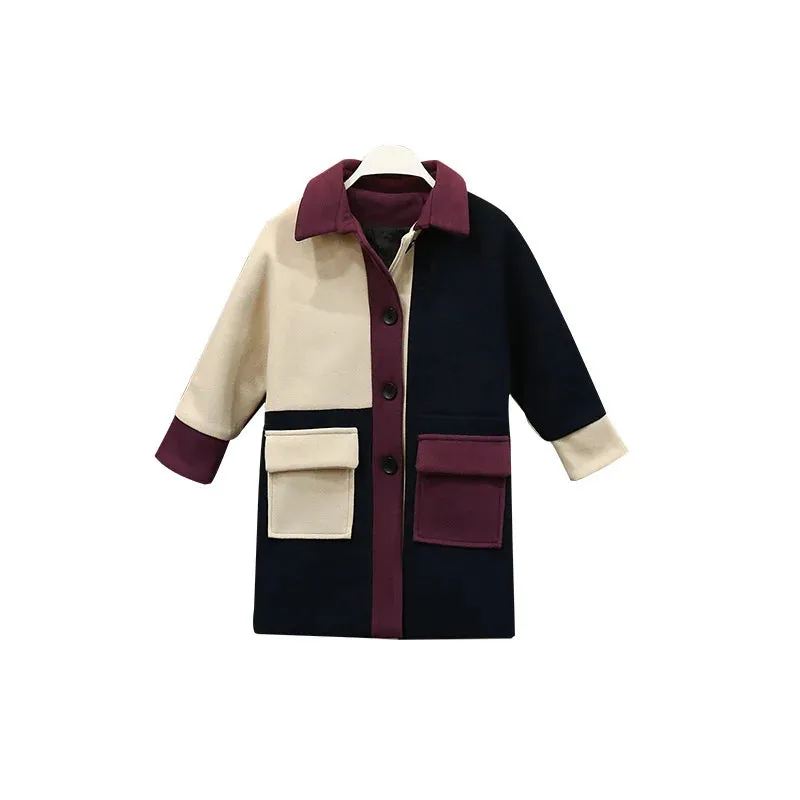 Girls Patchwork Woolen Coat – Thick Warm Winter Trench Jacket