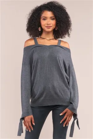 Grey Off-The-Shoulder Heart Neckline Relaxed Fit Sweater