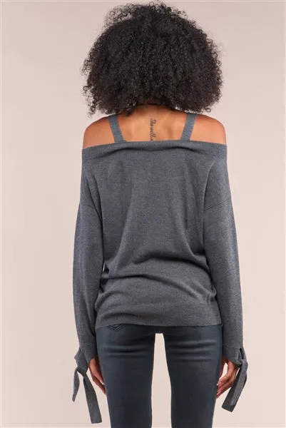Grey Off-The-Shoulder Heart Neckline Relaxed Fit Sweater