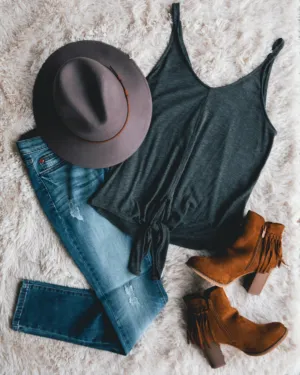 Head In The Clouds V-Neck Sleeveless Top With Front Tie - Charcoal