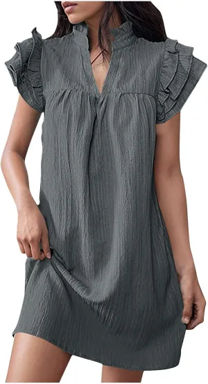 JOAU Womens Summer Dress 2024 Ruffle Short Sleeve V Neck A-Line Mini Dresses Casual Loose Mock Neck Babydoll Shift Dress