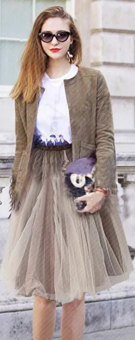 Joker Pure Color Pleated Flared Organza Skirt