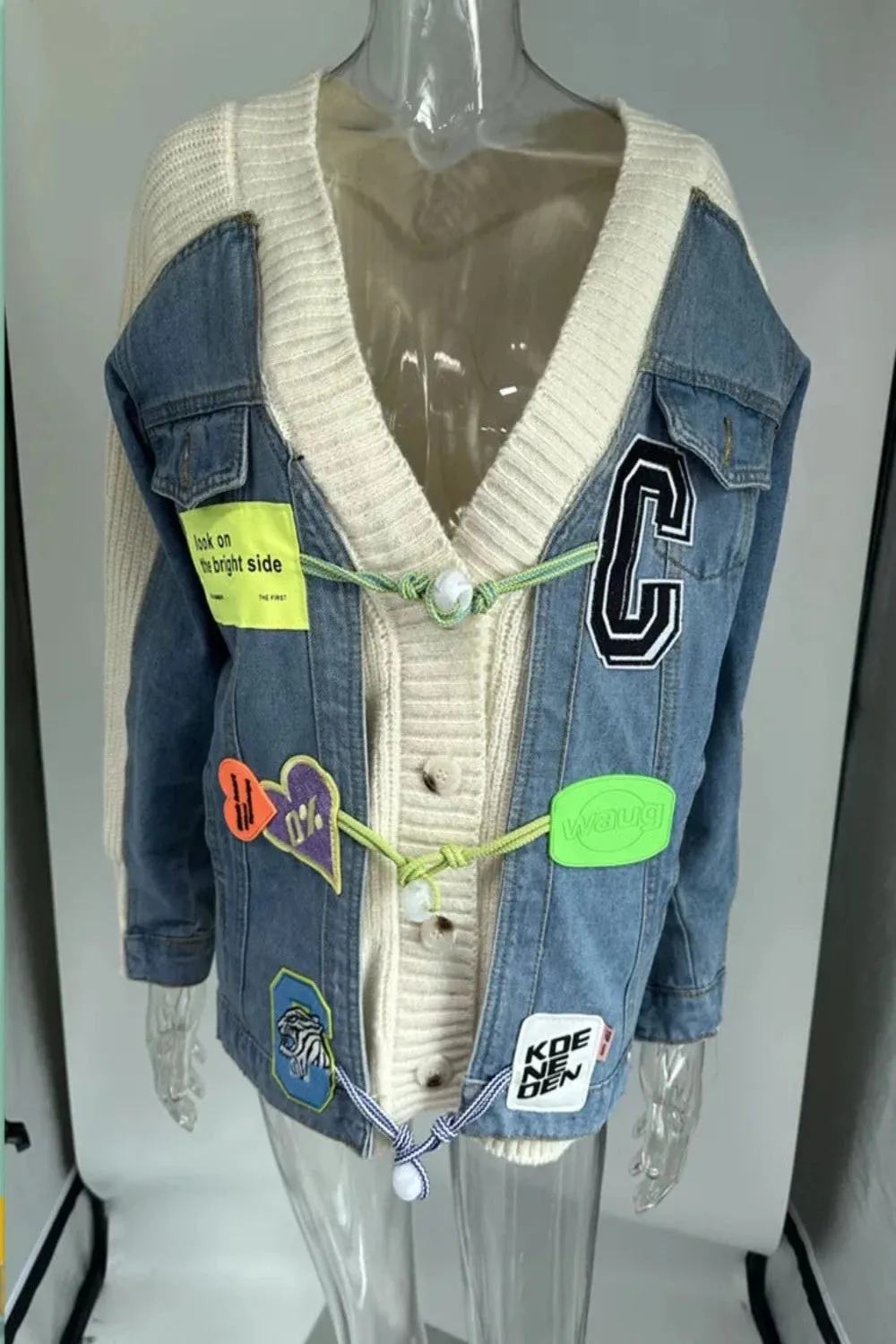 Joskaa Denim Patchwork Knit Sweater Cardigans (Hat Sold Separately)