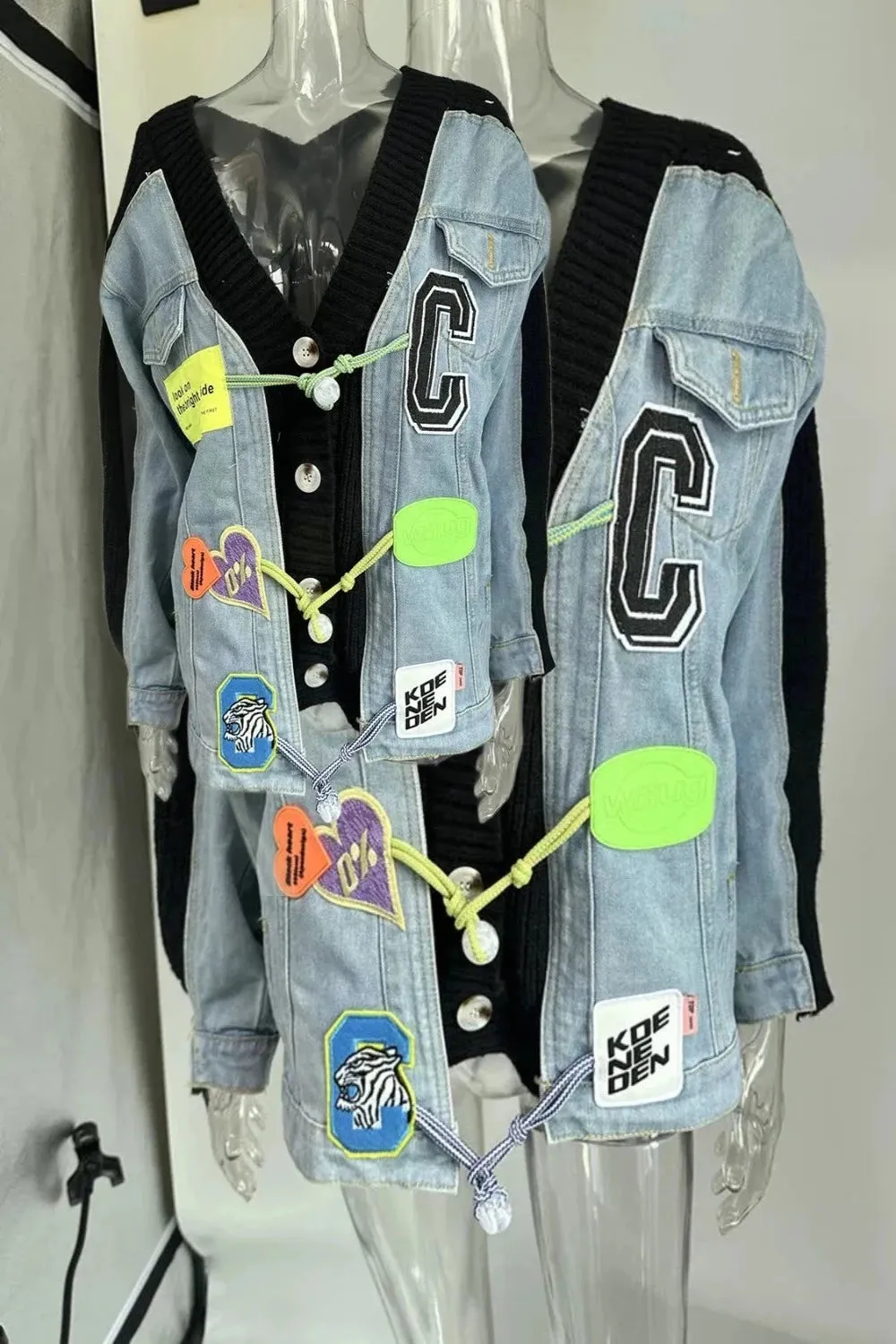 Joskaa Denim Patchwork Knit Sweater Cardigans (Hat Sold Separately)