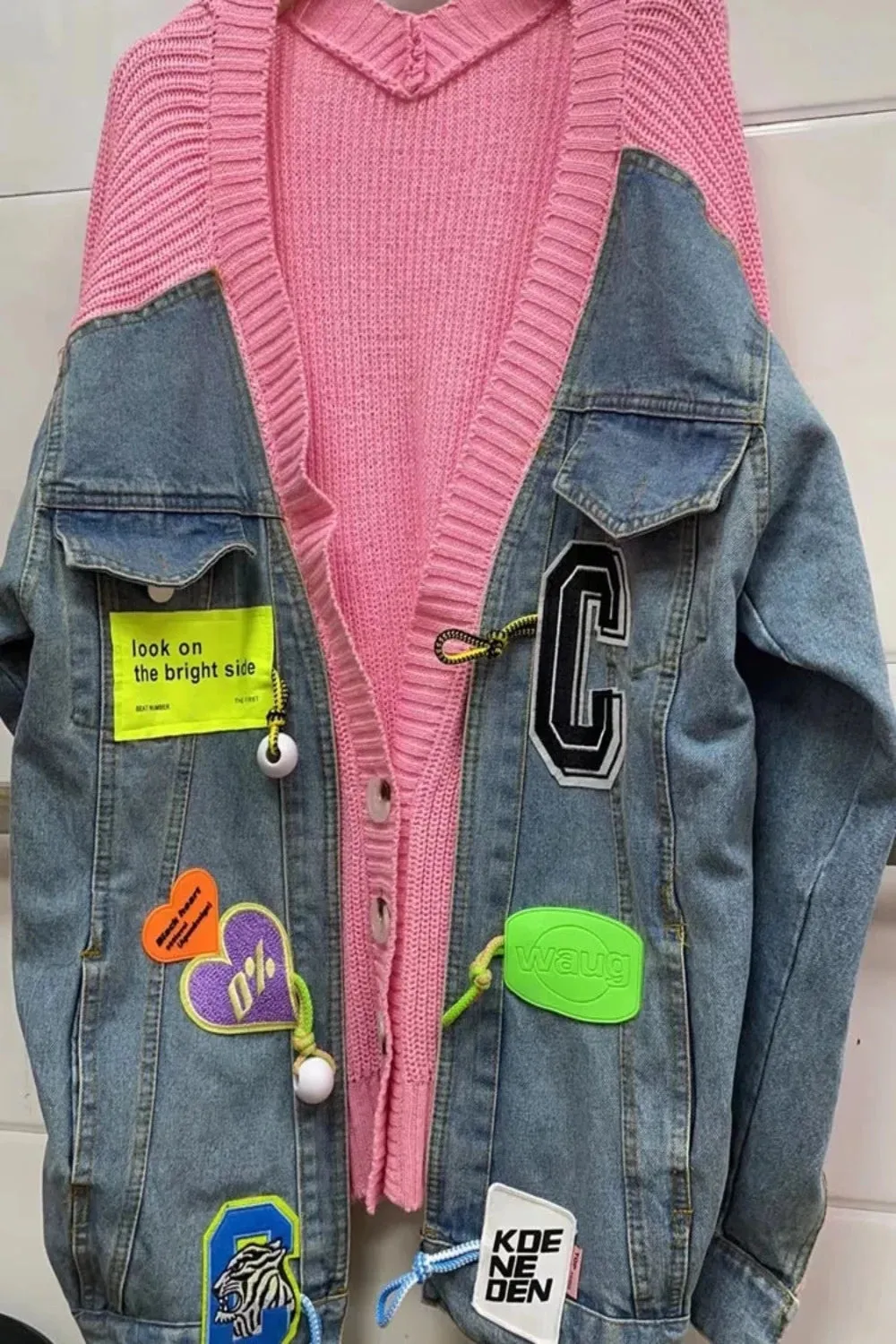 Joskaa Denim Patchwork Knit Sweater Cardigans (Hat Sold Separately)