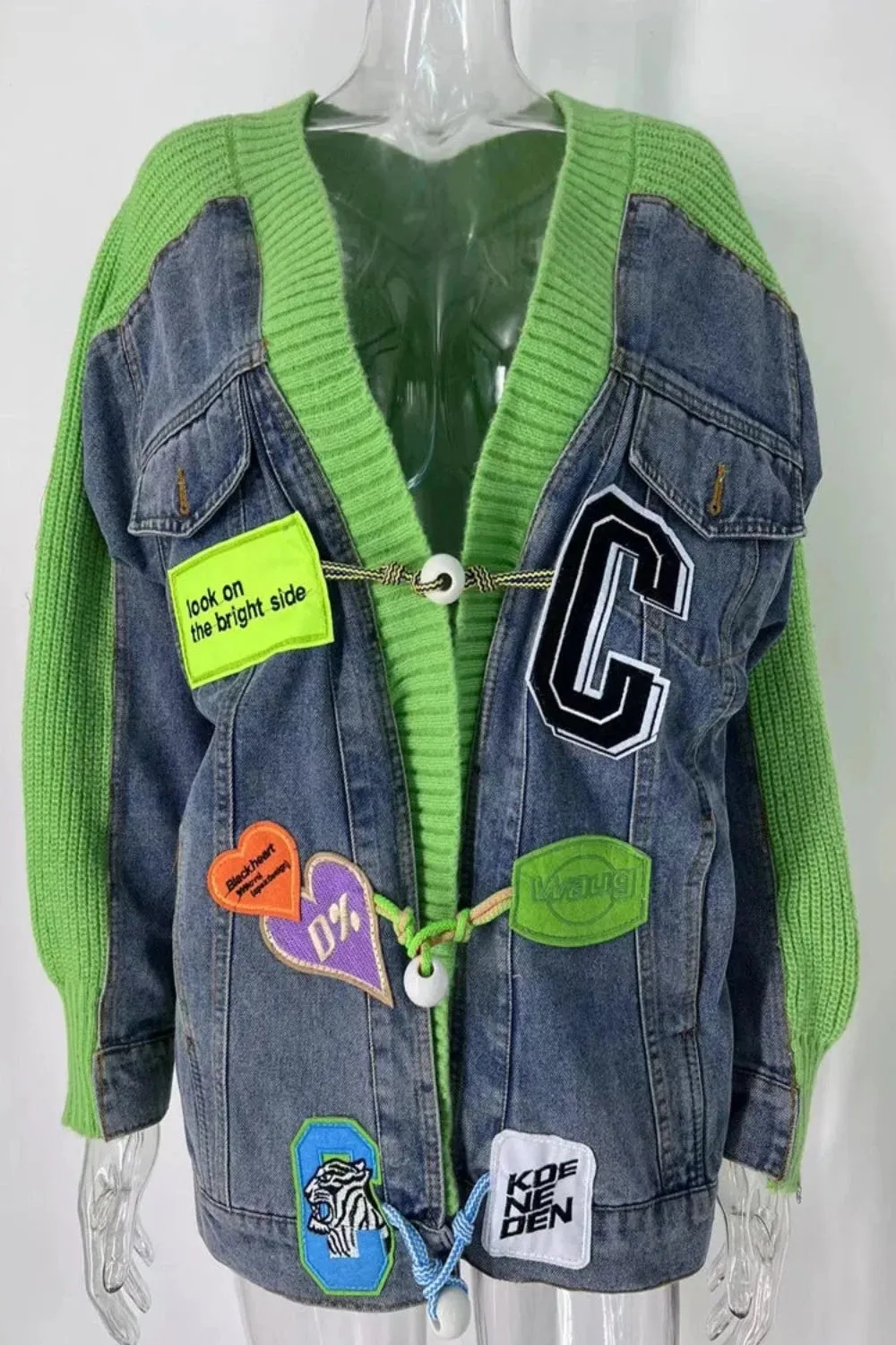 Joskaa Denim Patchwork Knit Sweater Cardigans (Hat Sold Separately)