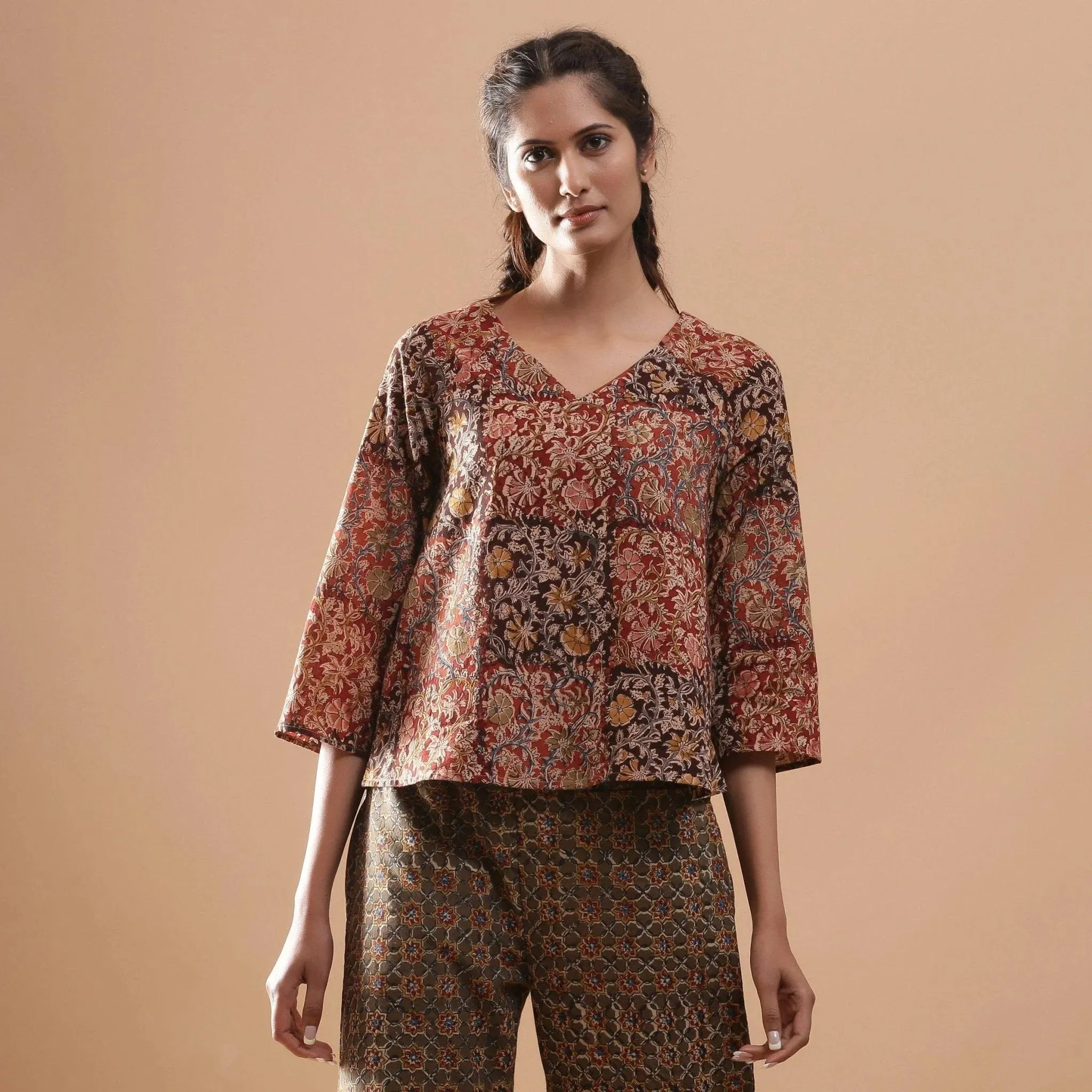 Kalamkari Block Print Muddy Red Cotton Top