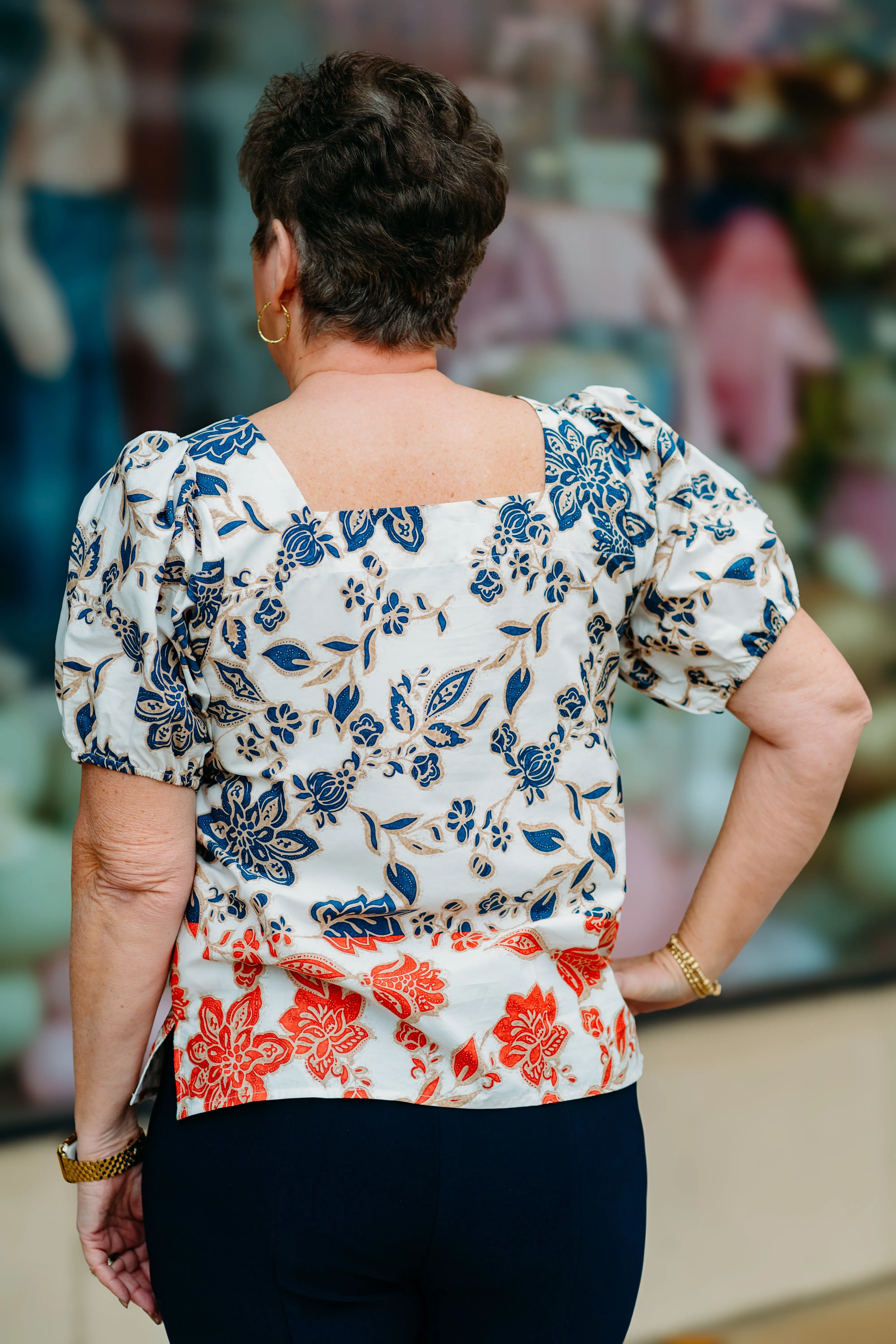 Karen Kane: Puff Sleeve Square Neck Top in Print