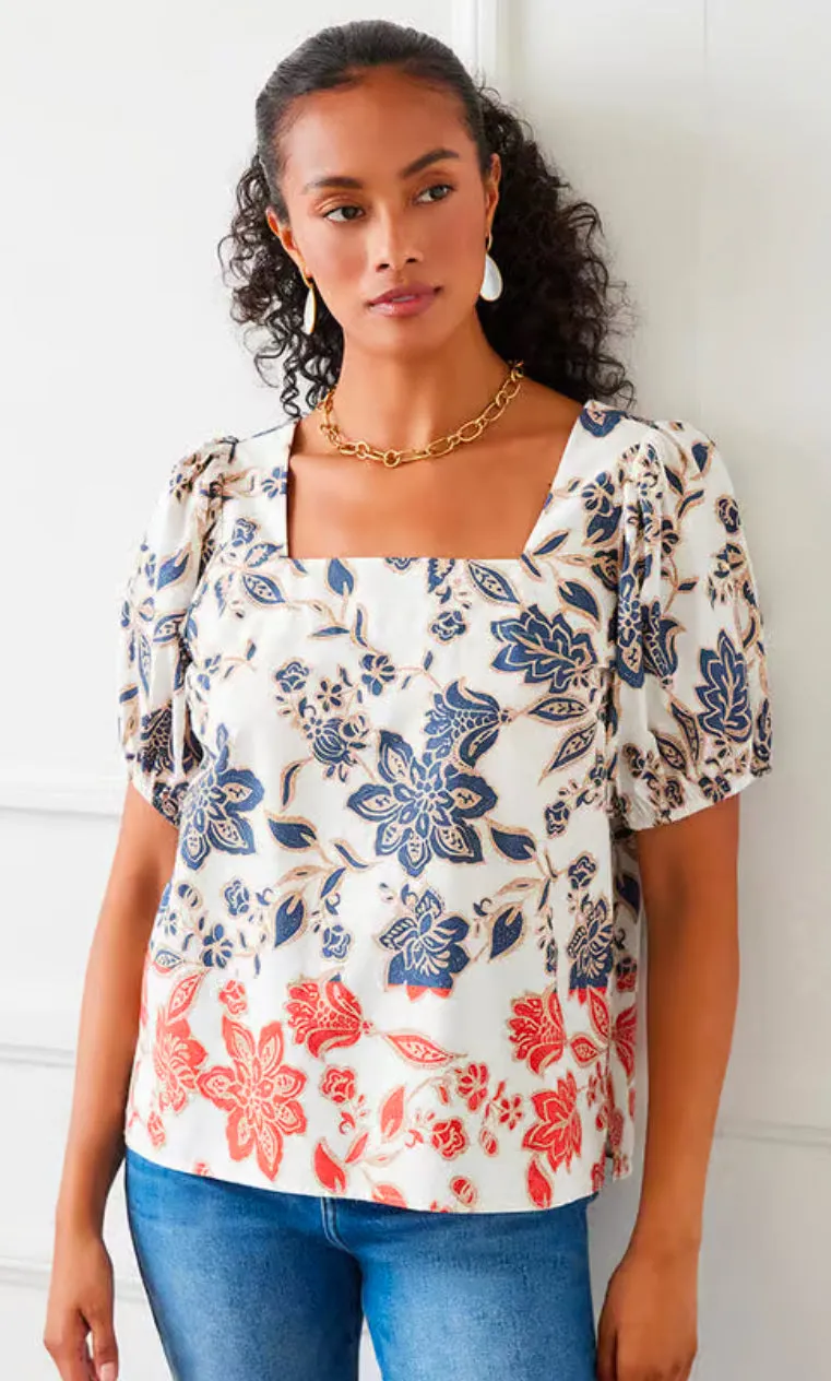 Karen Kane: Puff Sleeve Square Neck Top in Print