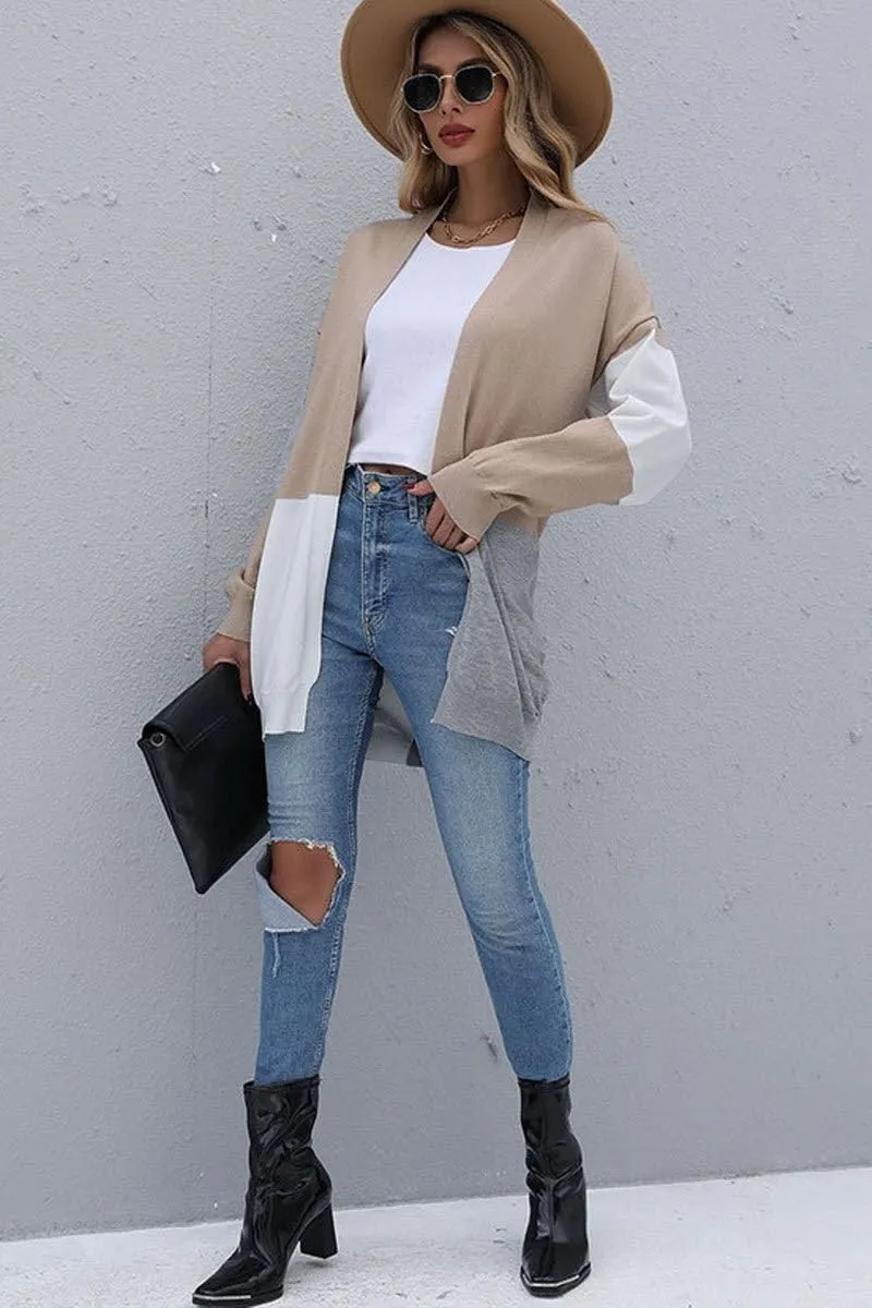 KNIT OPEN FRONT CASUAL COLOR BLOCK CARDIGAN