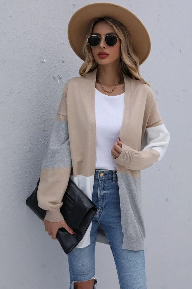 KNIT OPEN FRONT CASUAL COLOR BLOCK CARDIGAN