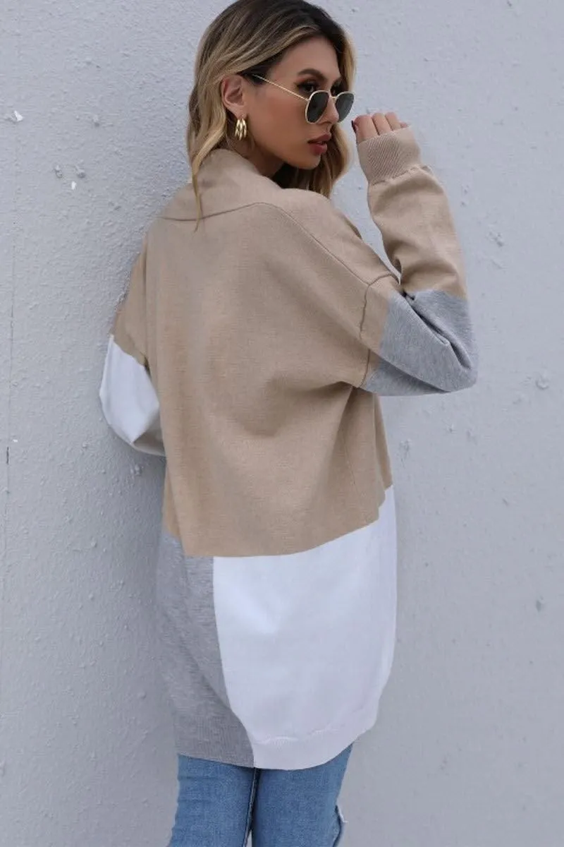 KNIT OPEN FRONT CASUAL COLOR BLOCK CARDIGAN