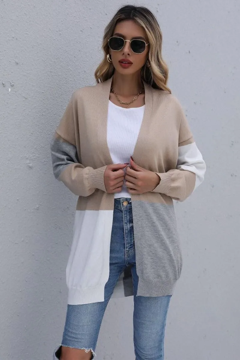 KNIT OPEN FRONT CASUAL COLOR BLOCK CARDIGAN