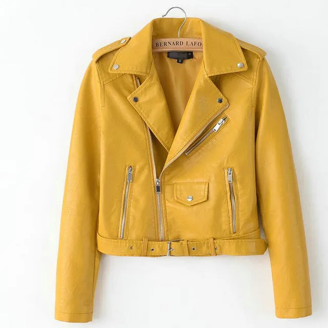 Leather Jackets 2019 Spring Bright Yellow Women   Zipper Leather Coa
