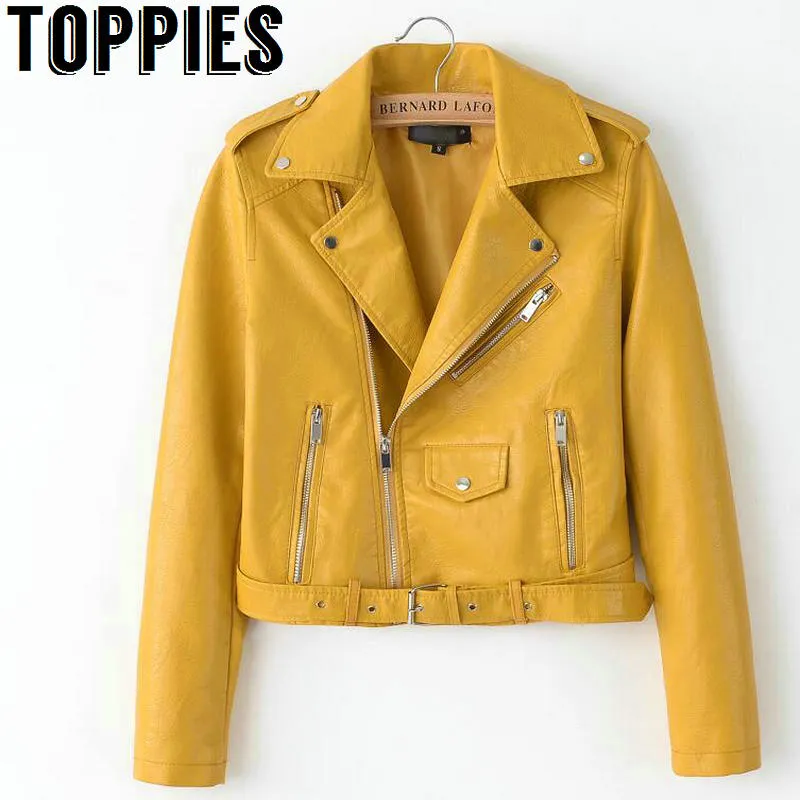 Leather Jackets 2019 Spring Bright Yellow Women   Zipper Leather Coa
