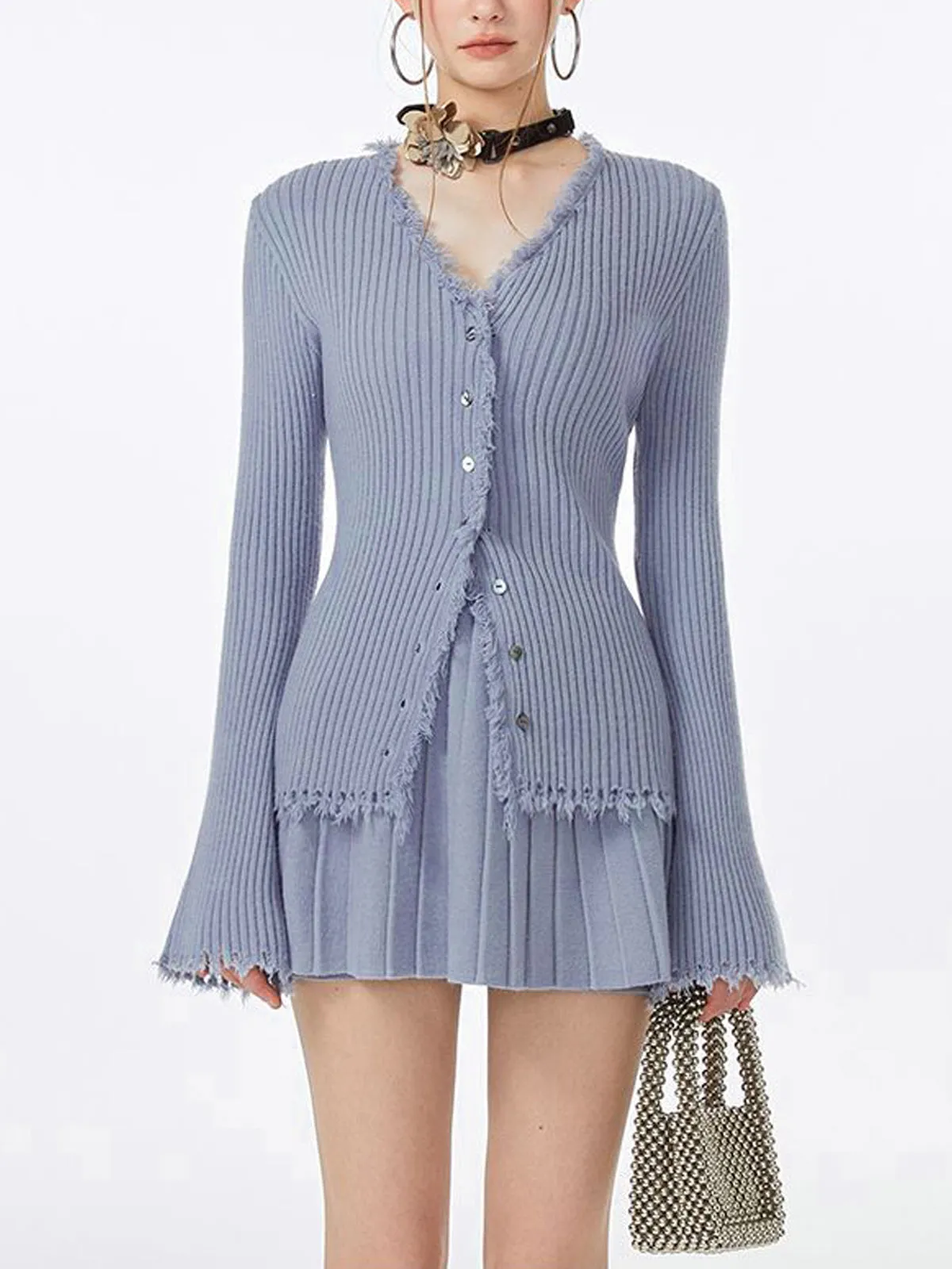 Lilac Raw Hem Trendy Long Sleeve Knit Top