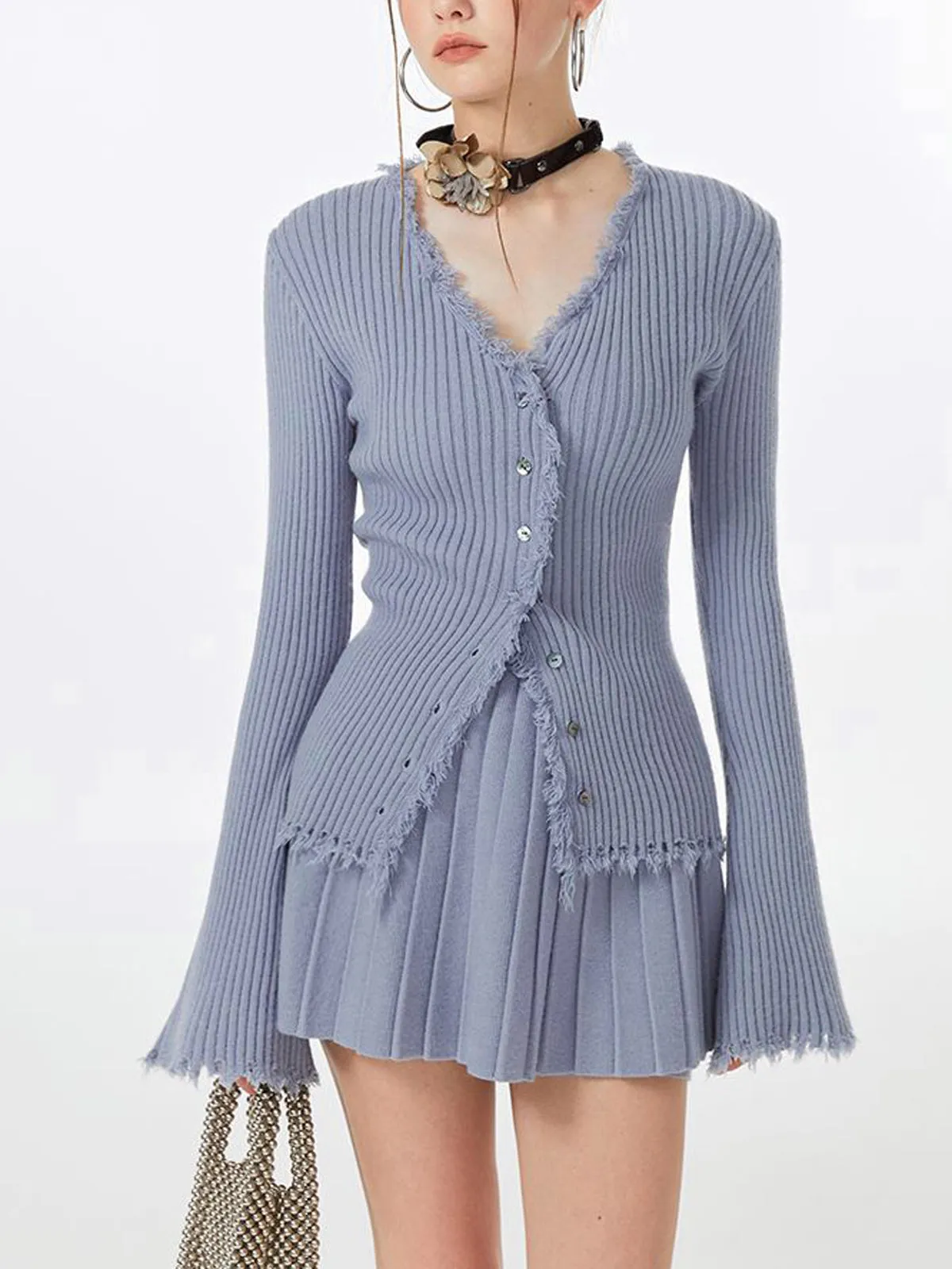 Lilac Raw Hem Trendy Long Sleeve Knit Top