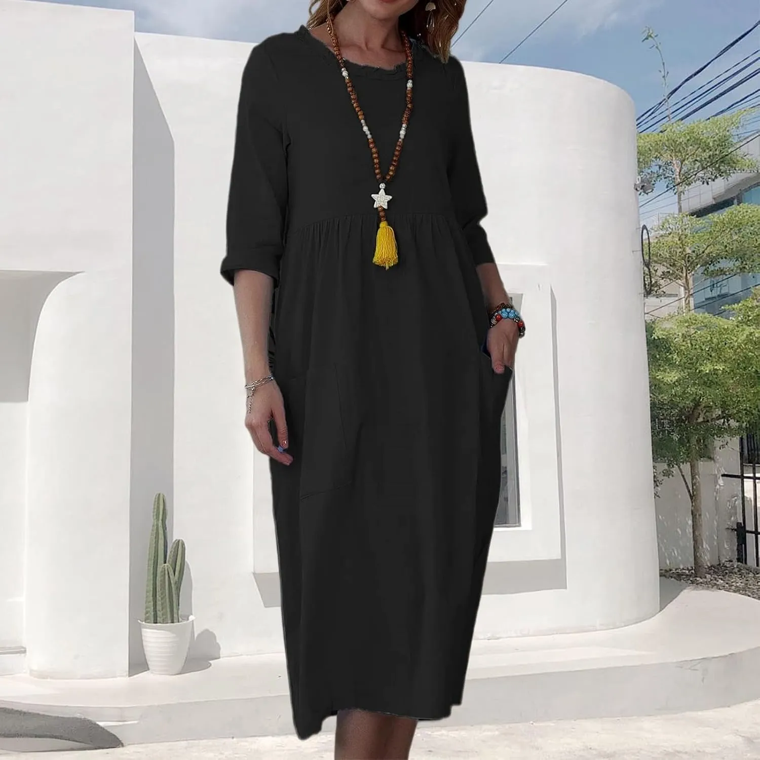 Linen Dresses for Women 2025 Crewneck 3/4 Sleeve Midi Dress Loose Shift Dress Casual Summer Dresses with Pockets