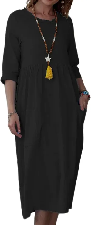 Linen Dresses for Women 2025 Crewneck 3/4 Sleeve Midi Dress Loose Shift Dress Casual Summer Dresses with Pockets