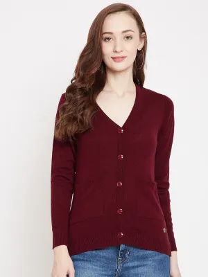 Livfree V-Neck Full Sleeves Solid Cardigan With Front Pockets For Women-Maroon