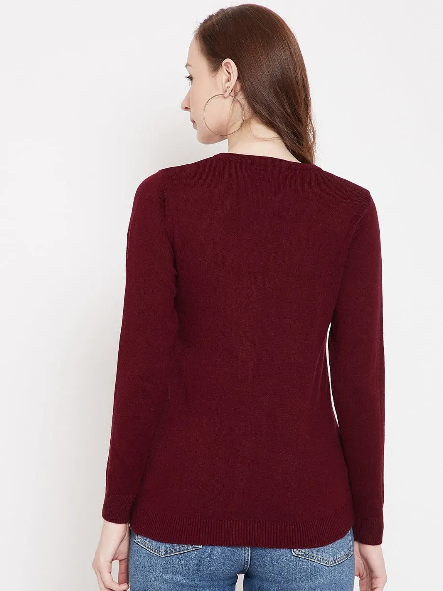 Livfree V-Neck Full Sleeves Solid Cardigan With Front Pockets For Women-Maroon