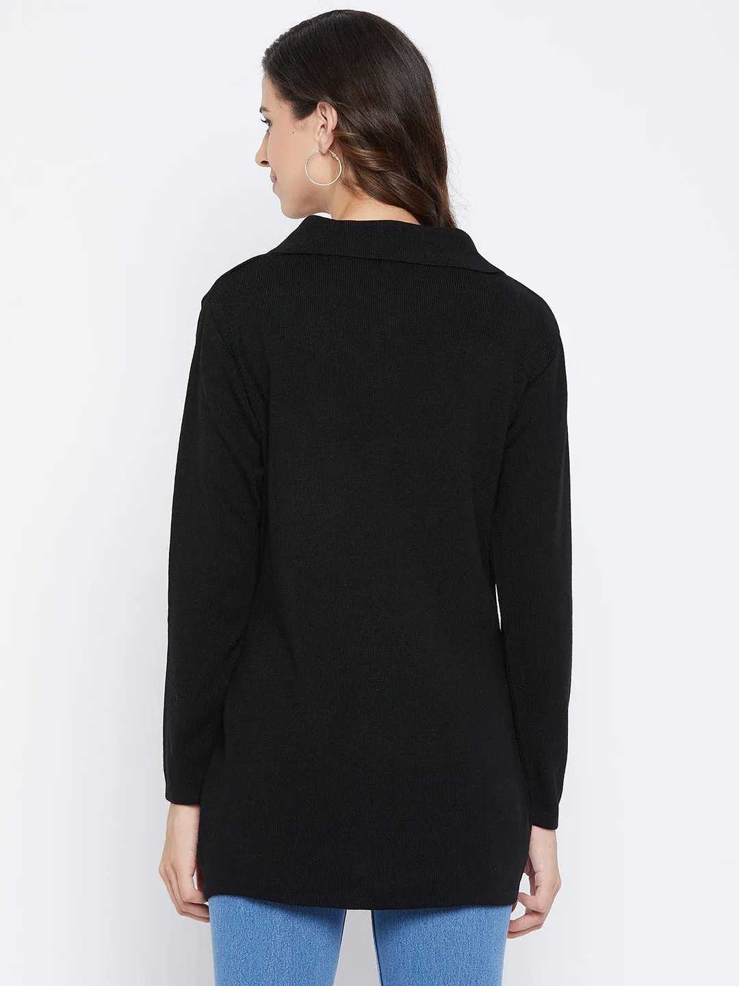 Livfree Women's Collar neck Full-Sleeves Solid Cardigans - Black
