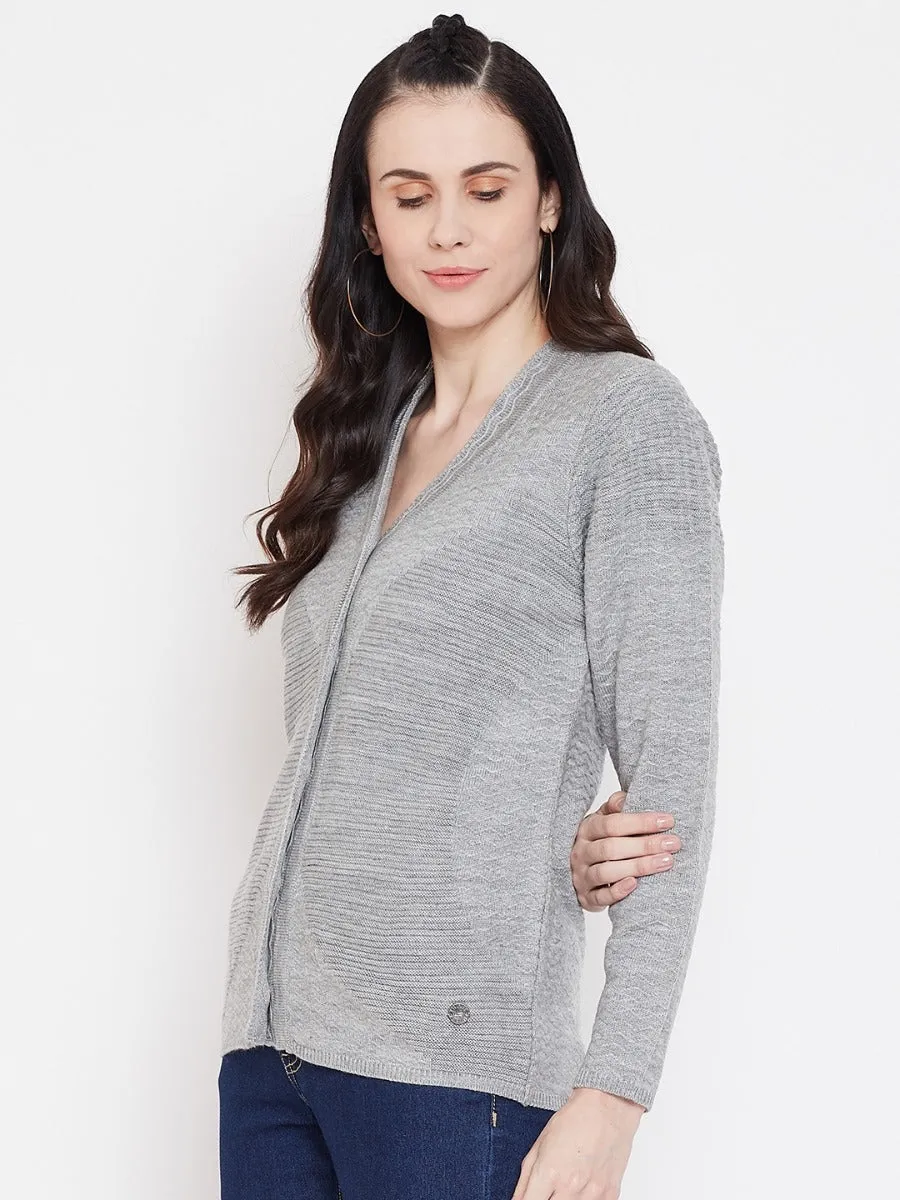 Livfree Women's V-Neck Full Sleeves Knitted Pattern Cardigan-Grey