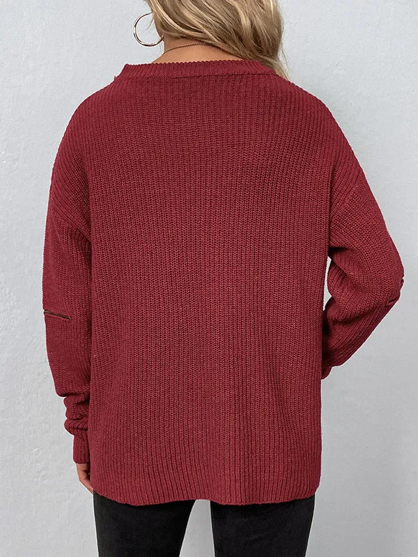 Long Sleeves Loose Hollow Solid Color Zipper V-Neck Pullovers Sweater Tops