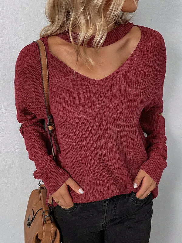 Long Sleeves Loose Hollow Solid Color Zipper V-Neck Pullovers Sweater Tops