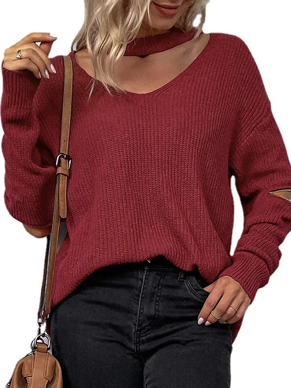 Long Sleeves Loose Hollow Solid Color Zipper V-Neck Pullovers Sweater Tops
