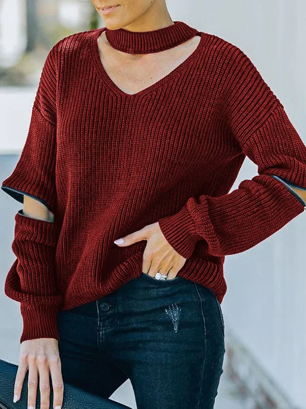 Long Sleeves Loose Hollow Solid Color Zipper V-Neck Pullovers Sweater Tops