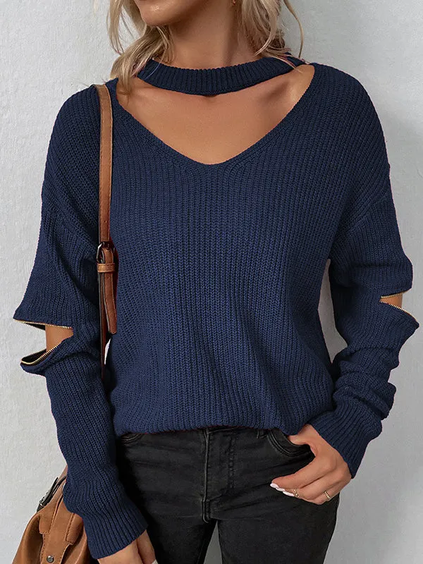 Long Sleeves Loose Hollow Solid Color Zipper V-Neck Pullovers Sweater Tops