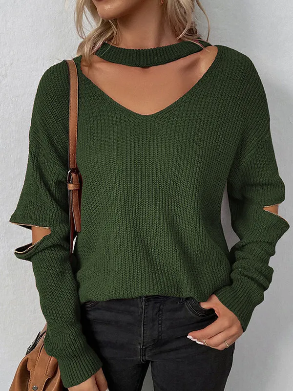 Long Sleeves Loose Hollow Solid Color Zipper V-Neck Pullovers Sweater Tops