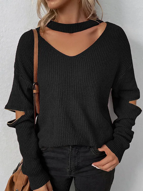 Long Sleeves Loose Hollow Solid Color Zipper V-Neck Pullovers Sweater Tops