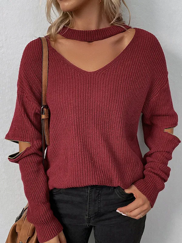 Long Sleeves Loose Hollow Solid Color Zipper V-Neck Pullovers Sweater Tops