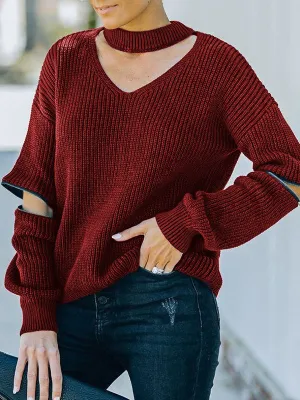 Long Sleeves Loose Hollow Solid Color Zipper V-Neck Pullovers Sweater Tops