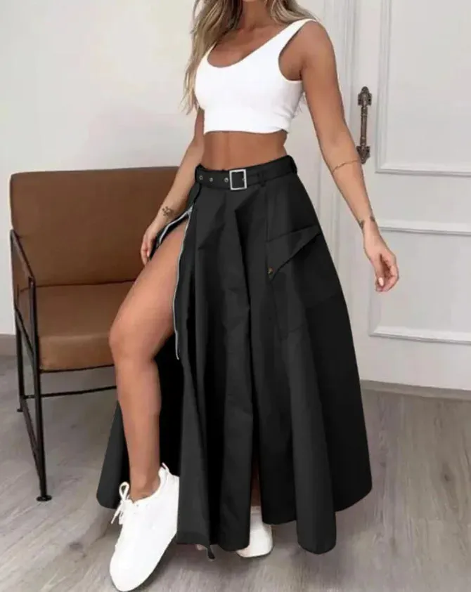 LVSANW Elegant Skirts For Women Clothing Trend 2025 Casual Spring Summer Fashion High Waist Irregular Zipper Pockets Female Long Skirt