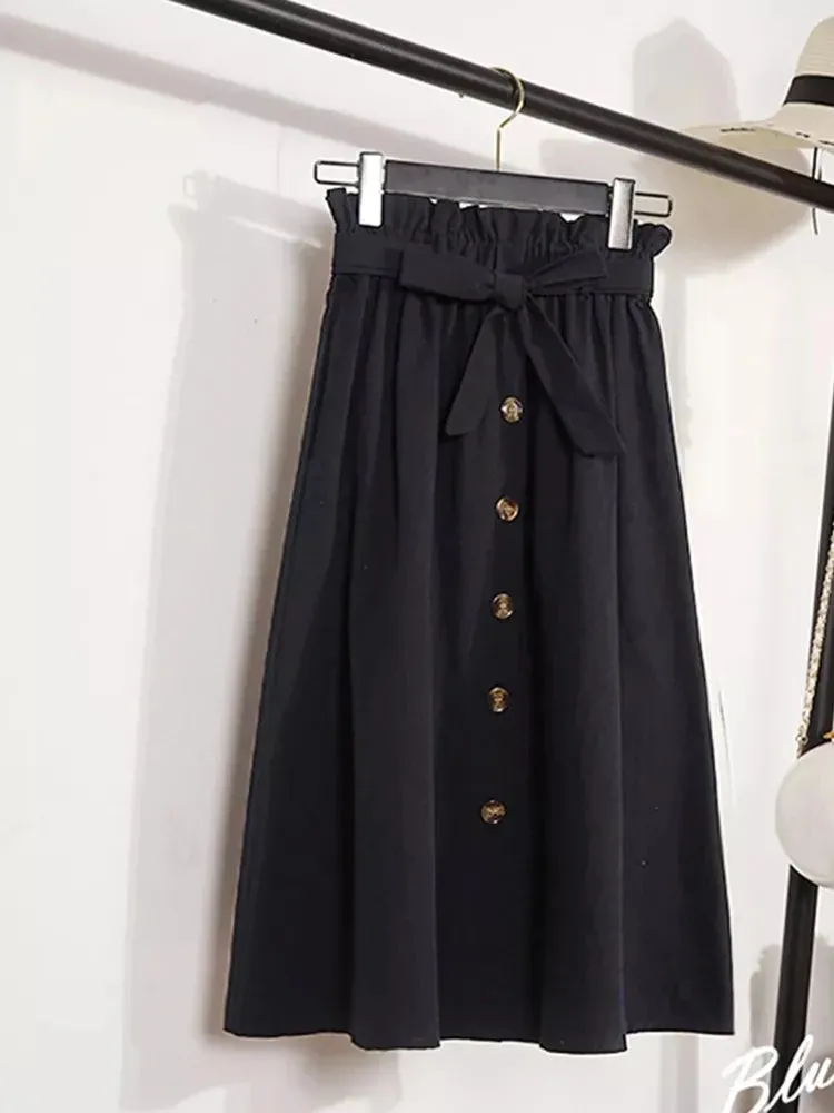 LVSANW Summer Autumn Skirts Womens Midi Knee Length Korean Elegant Button High Waist Skirt Female Pleated School Skirt
