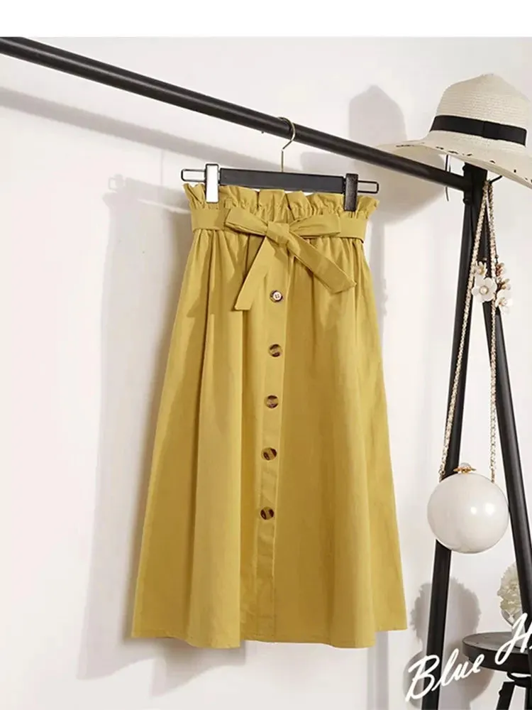 LVSANW Summer Autumn Skirts Womens Midi Knee Length Korean Elegant Button High Waist Skirt Female Pleated School Skirt