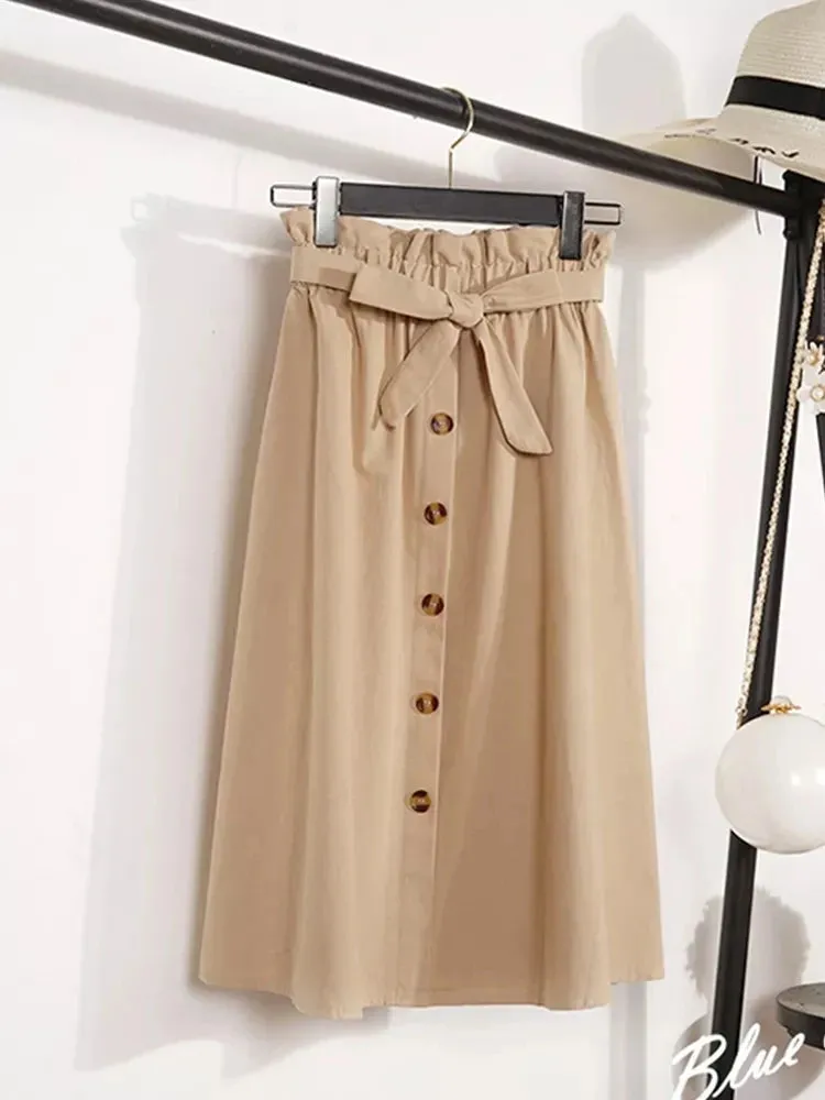 LVSANW Summer Autumn Skirts Womens Midi Knee Length Korean Elegant Button High Waist Skirt Female Pleated School Skirt