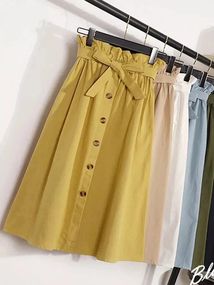 LVSANW Summer Autumn Skirts Womens Midi Knee Length Korean Elegant Button High Waist Skirt Female Pleated School Skirt
