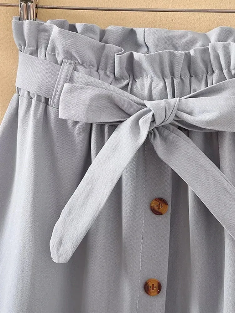 LVSANW Summer Autumn Skirts Womens Midi Knee Length Korean Elegant Button High Waist Skirt Female Pleated School Skirt
