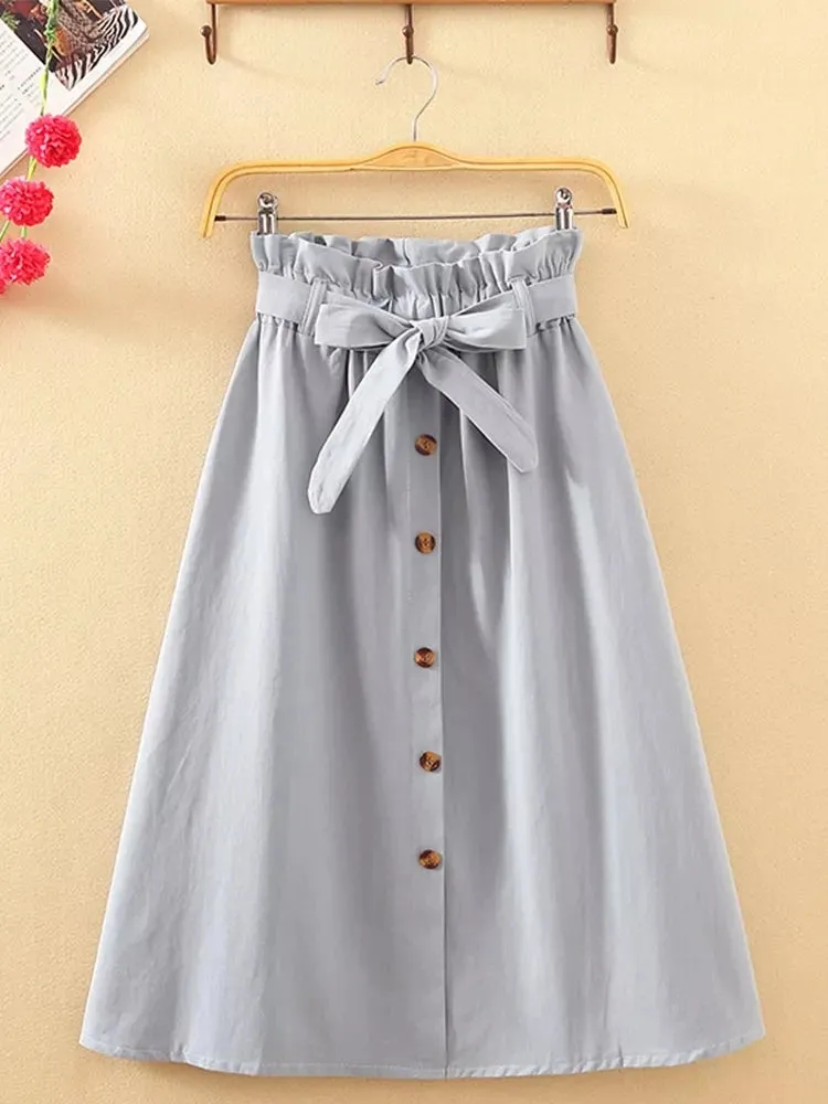 LVSANW Summer Autumn Skirts Womens Midi Knee Length Korean Elegant Button High Waist Skirt Female Pleated School Skirt